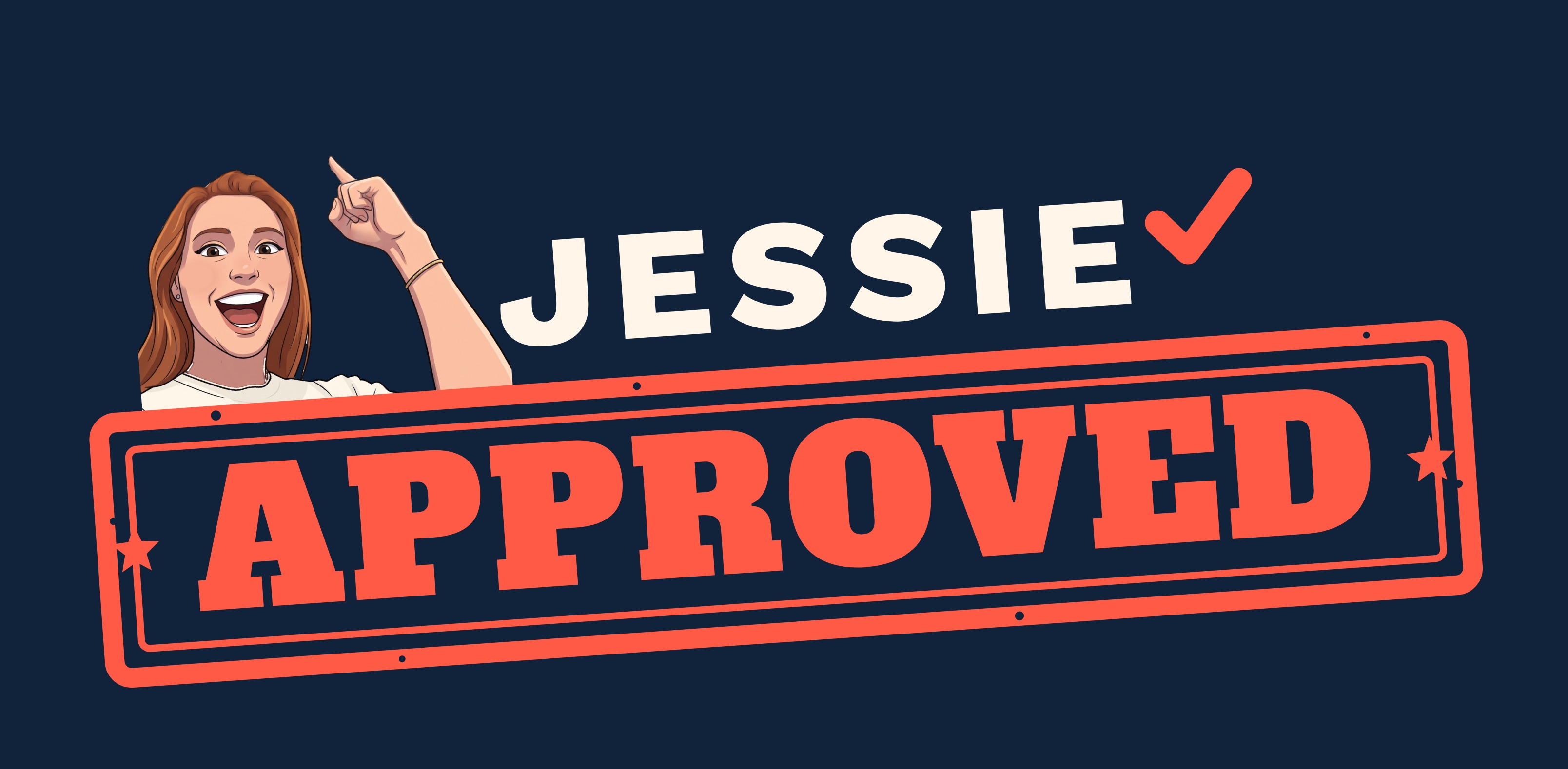 Jessie Approved logo, dark version: an illustration of Jessie pointing up beside the word Jessie in cream with a coral check, above a coral stamp reading Approved, on navy