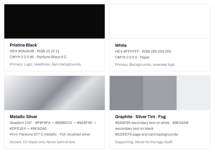 Nashville Pristine Clean color palette: black, white, metallic silver and greys