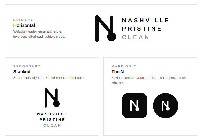 Nashville Pristine Clean logo versions: horizontal, stacked and mark only