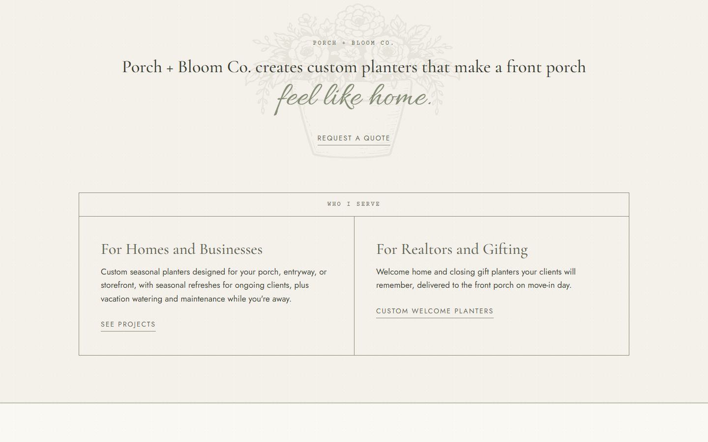 Porch + Bloom Co. who-I-serve section: for homes and businesses, and for realtors and gifting